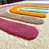 Side view A white cotton rainbow carpet with colorful rays 